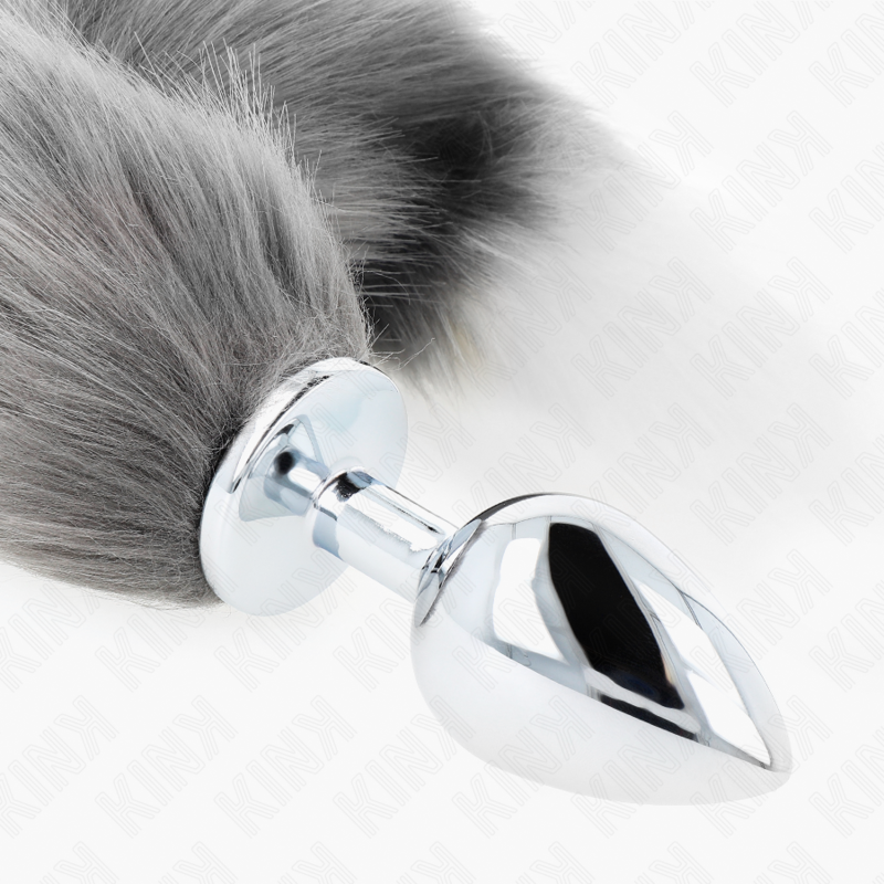 KINK - PLUG ANAL L 10 X 4 CM AVEC QUEUE SYNTHÉTIQUE 40 CM GRIS ET BLANC