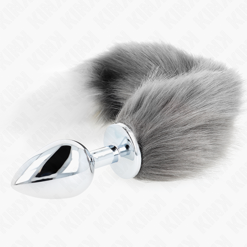 KINK - PLUG ANAL L 10 X 4 CM AVEC QUEUE SYNTHÉTIQUE 40 CM GRIS ET BLANC
