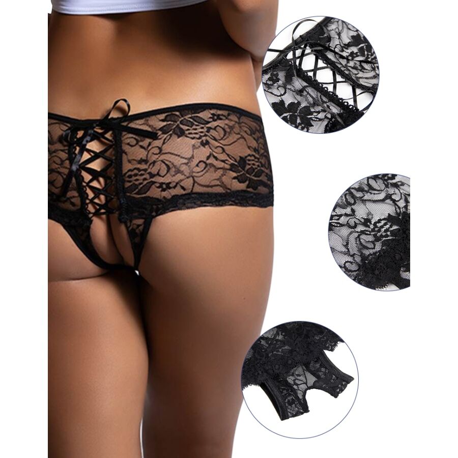 QUEEN LINGERIE - SLIP DENTELLE FLORALE AVEC OUVERTURE AU DOS S/M