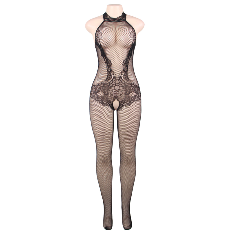 QUEEN LINGERIE - BODYSTOCK WITH OPENING AND FLORAL LACE S/L