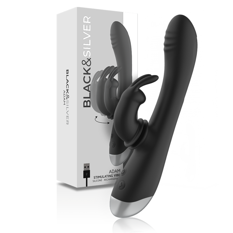 BLACK&amp;SILVER - DJ. ADAM BLACK RECHARGEABLE SILICONE RABBIT STIMULATOR