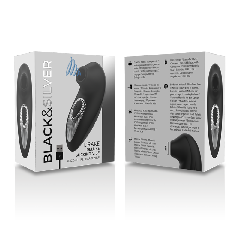 BLACK&amp;SILVER - DRAKE DELUXE SUCKING VIBE REFILLABLE IN BLACK SILICONE