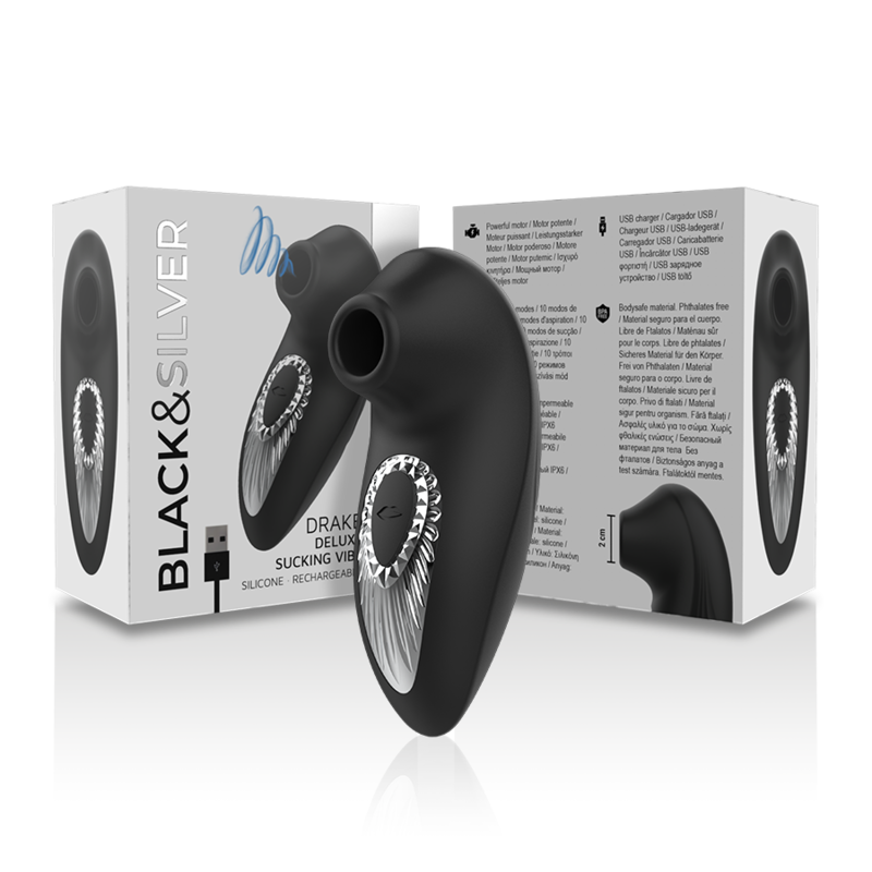 BLACK&amp;SILVER - DRAKE DELUXE SUCKING VIBE REFILLABLE IN BLACK SILICONE