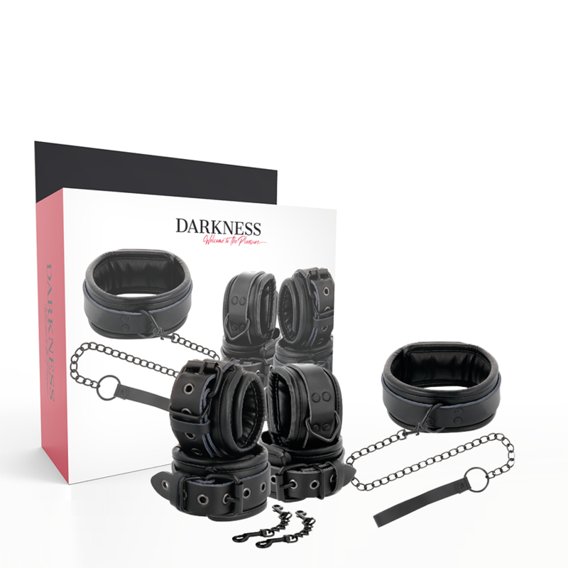 DARKNESS - BLACK LEATHER HANDCUFFS AND COLLAR