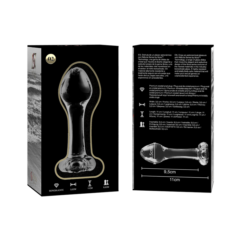 NEBULA SERIES BY IBIZA - MODEL 2 TRANSPARENT BOROSILICATE GLASS ANAL PLUG 11 CM -OR- 3.5 CM