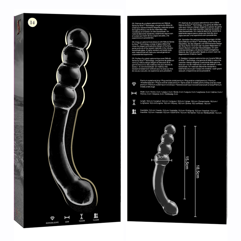 NEBULA SERIES BY IBIZA - MODEL 14 TRANSPARENT BOROSILICATE GLASS DILDO 18.5 CM -OR- 3 CM