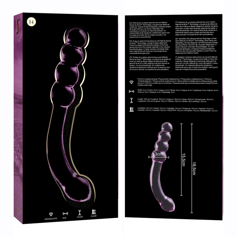 NEBULA SERIES BY IBIZA - MODEL 14 TRANSPARENT BOROSILICATE GLASS DILDO 18.5 CM -OR- 3 CM