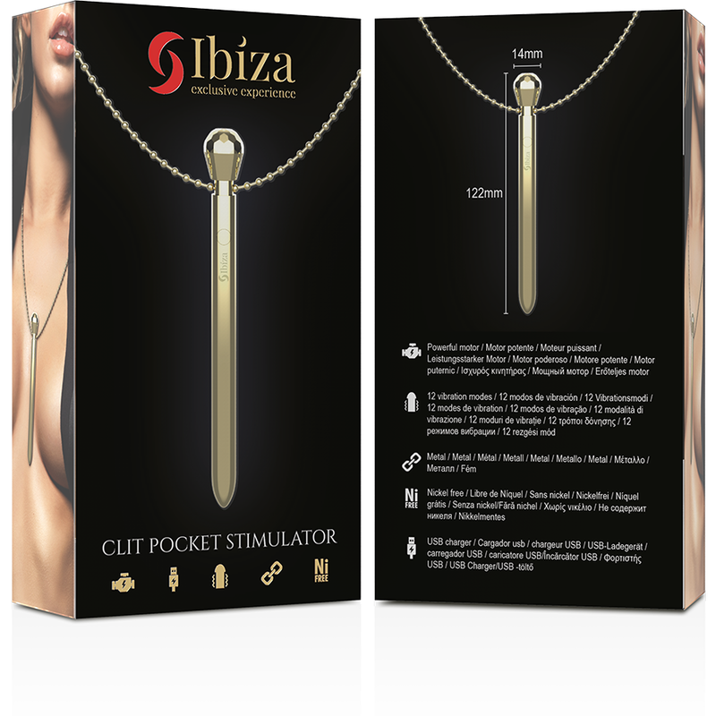 IBIZA - POCKET CLIT STIMULATOR NECKLACE USB CHARGER 12 VIBRATION MODES GOLD 12.2 X 1.5