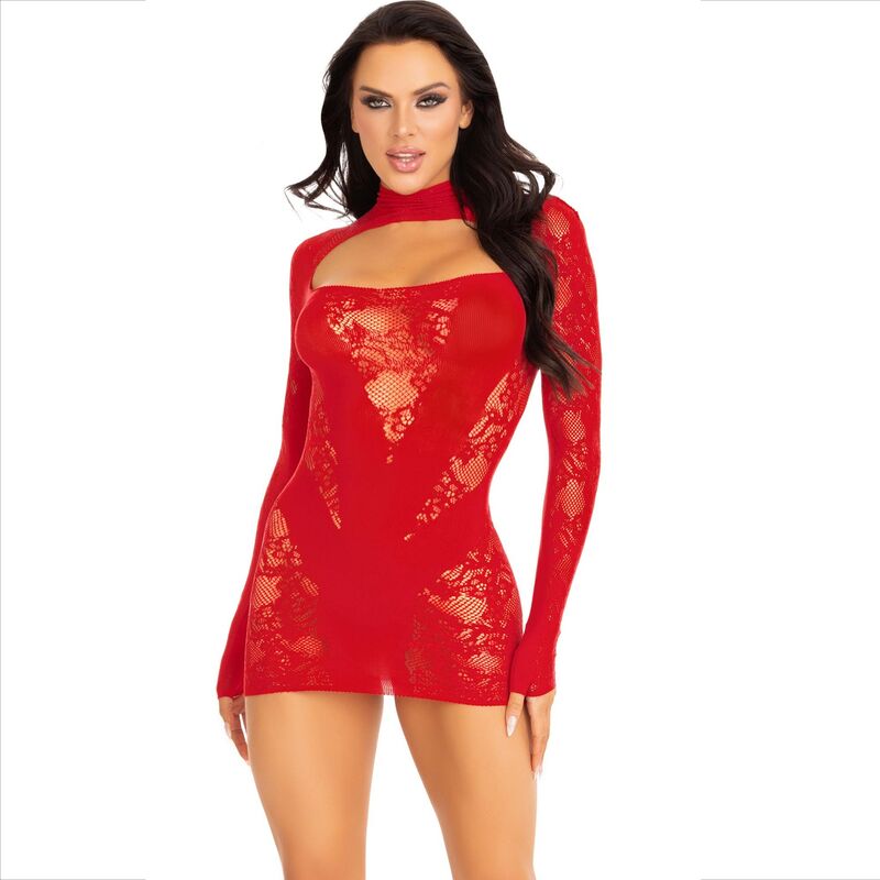 LEG AVENUE - RED LONG SLEEVE LACE MINI DRESS