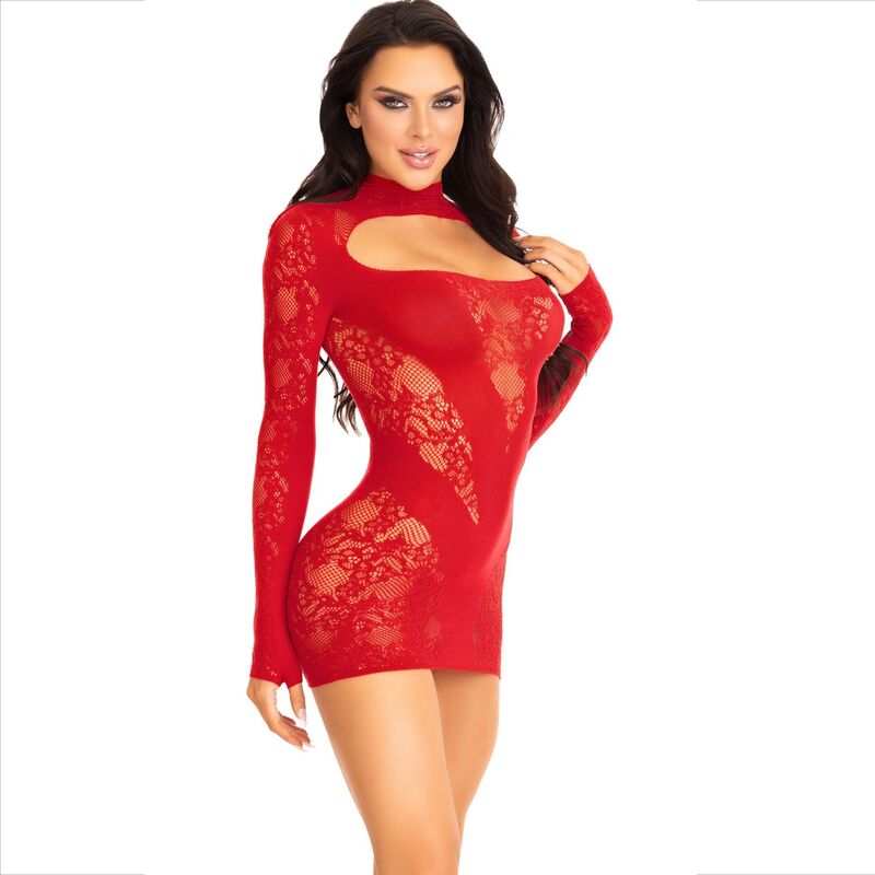 LEG AVENUE - RED LONG SLEEVE LACE MINI DRESS