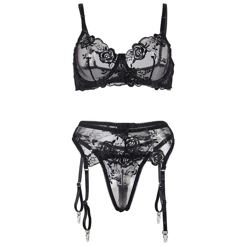 SUBBLIME - 3 PIECE SET BRA + THONG + GARTER FLORAL PRINT BLACK S/M