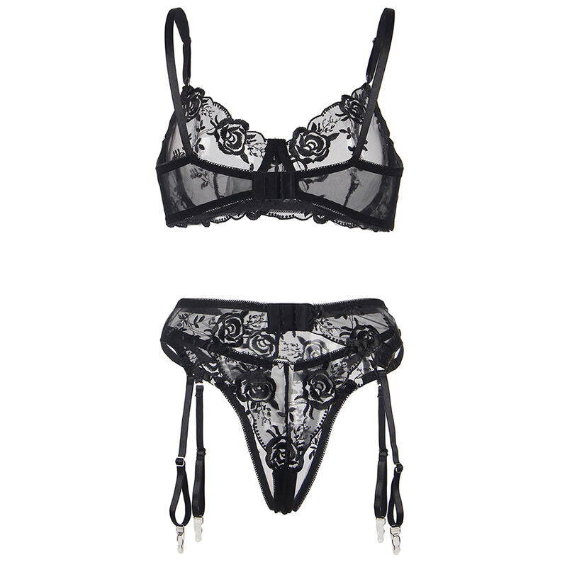 SUBBLIME - 3 PIECE SET BRA + THONG + GARTER FLORAL PRINT BLACK S/M