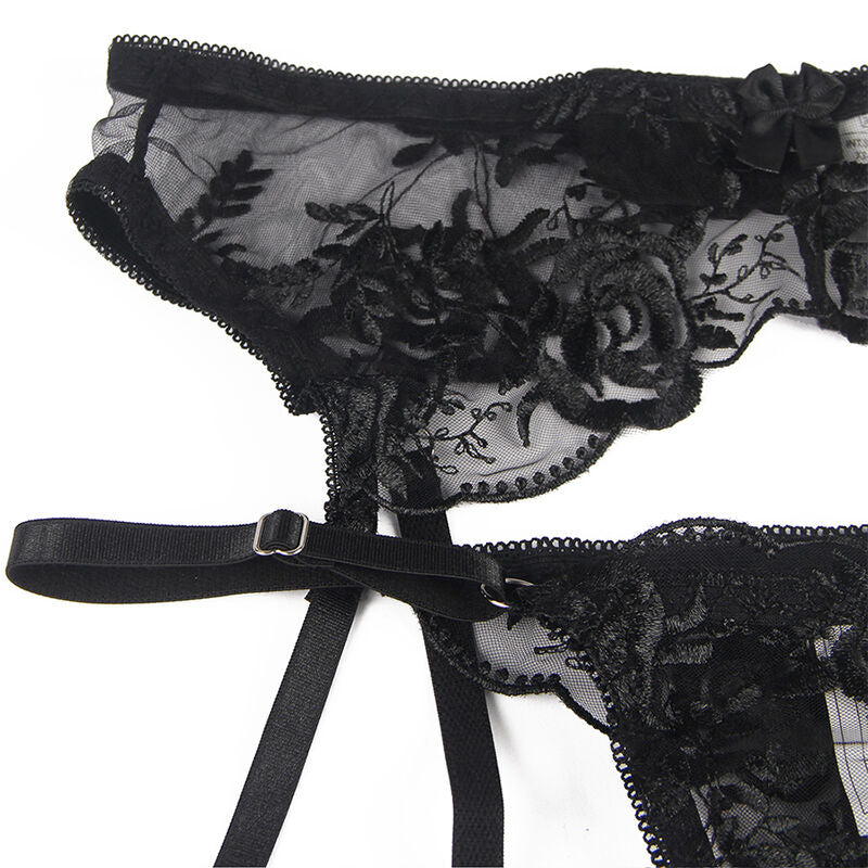 SUBBLIME - 3 PIECE SET BRA + THONG + GARTER FLORAL PRINT BLACK S/M