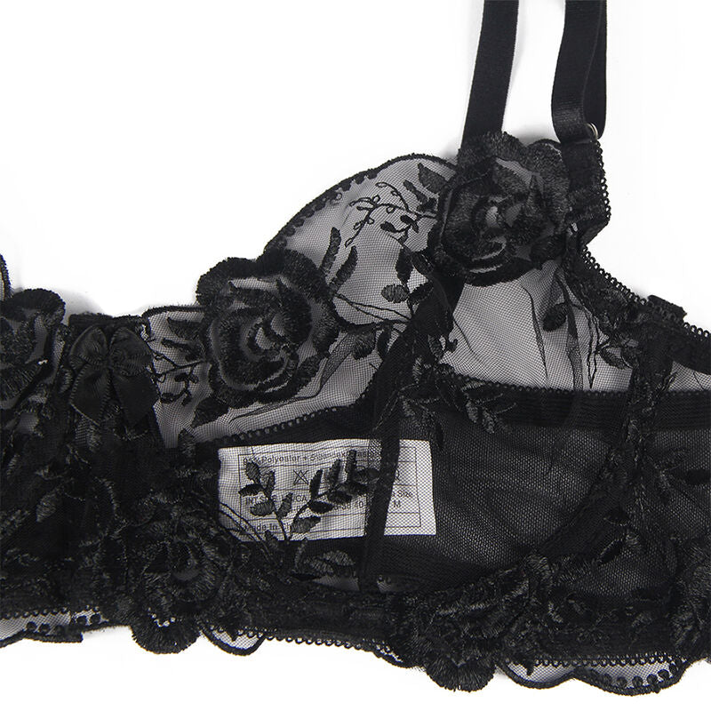 SUBBLIME - 3 PIECE SET BRA + THONG + GARTER FLORAL PRINT BLACK S/M