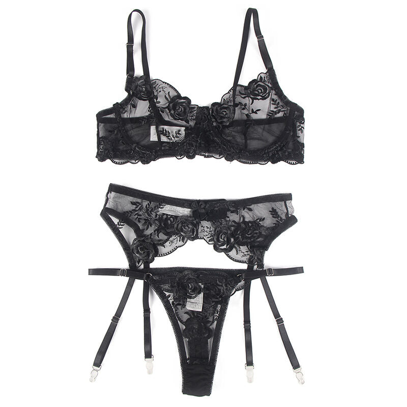 SUBBLIME - 3 PIECE SET BRA + THONG + GARTER FLORAL PRINT BLACK S/M