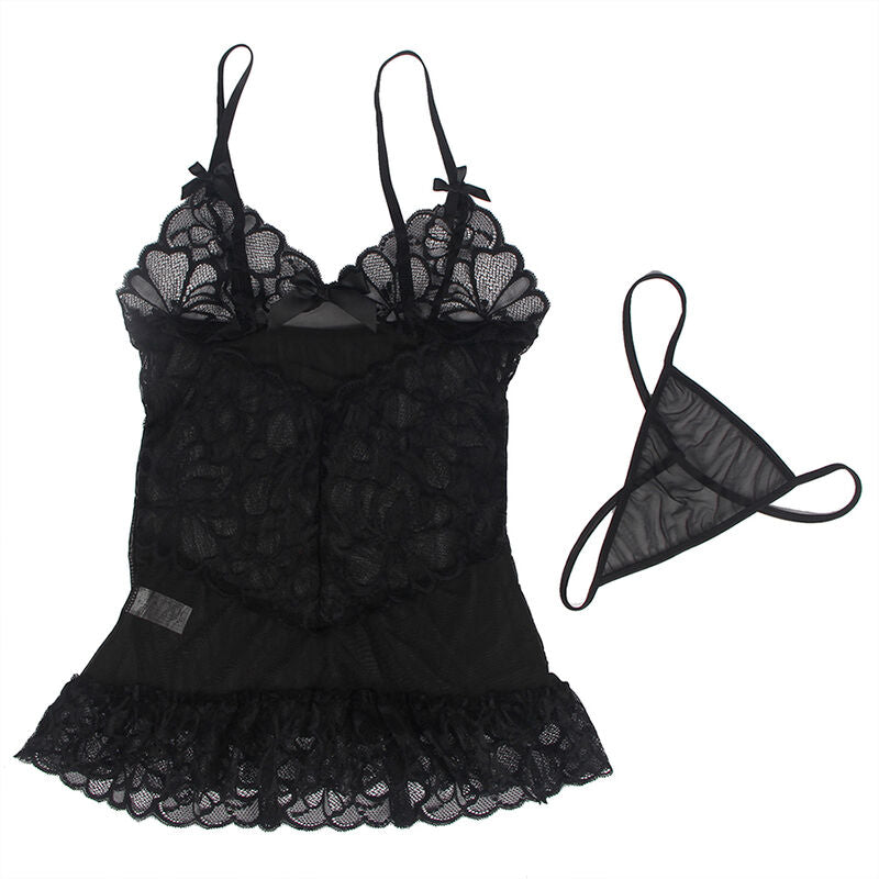 SUBBLIME - BABY DOLL WITH ADJUSTABLE STRAPS AND TRANSPARENT LACE FLORAL PRINT BLACK S/M