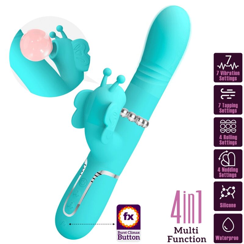 PRETTY LOVE - VIBRATEUR MULTIFONCTION RABBIT 4 EN 1 PAPILLON VERT D'EAU