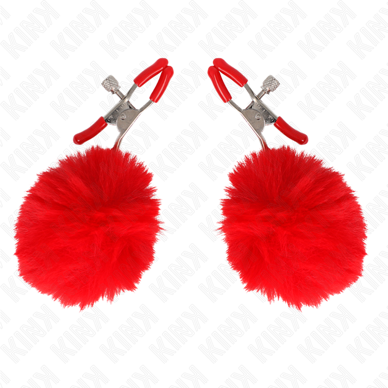 KINK - RED FAUX FUR BALL NIPPLE CLAMP 6CM