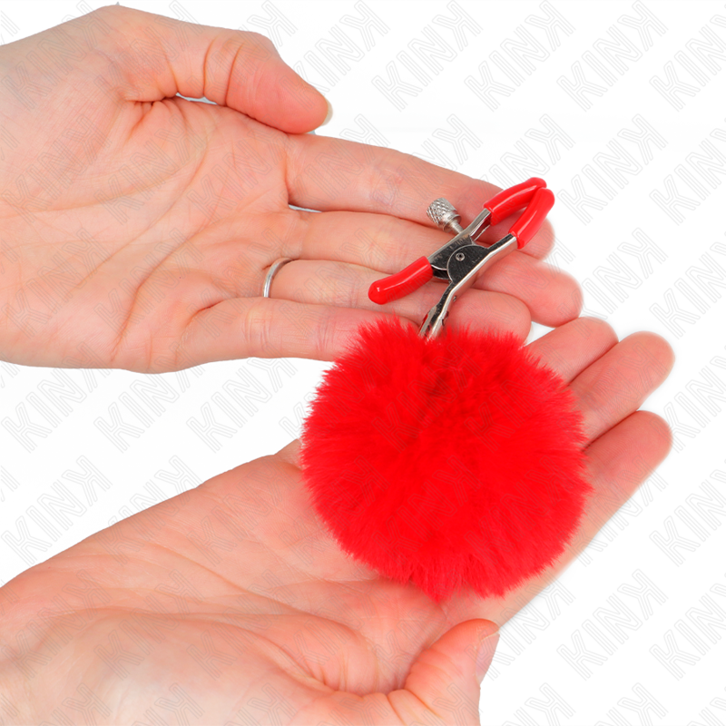 KINK - RED FAUX FUR BALL NIPPLE CLAMP 6CM