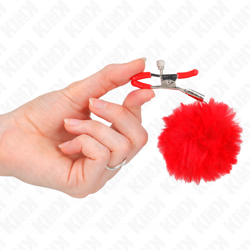 KINK - RED FAUX FUR BALL NIPPLE CLAMP 6CM