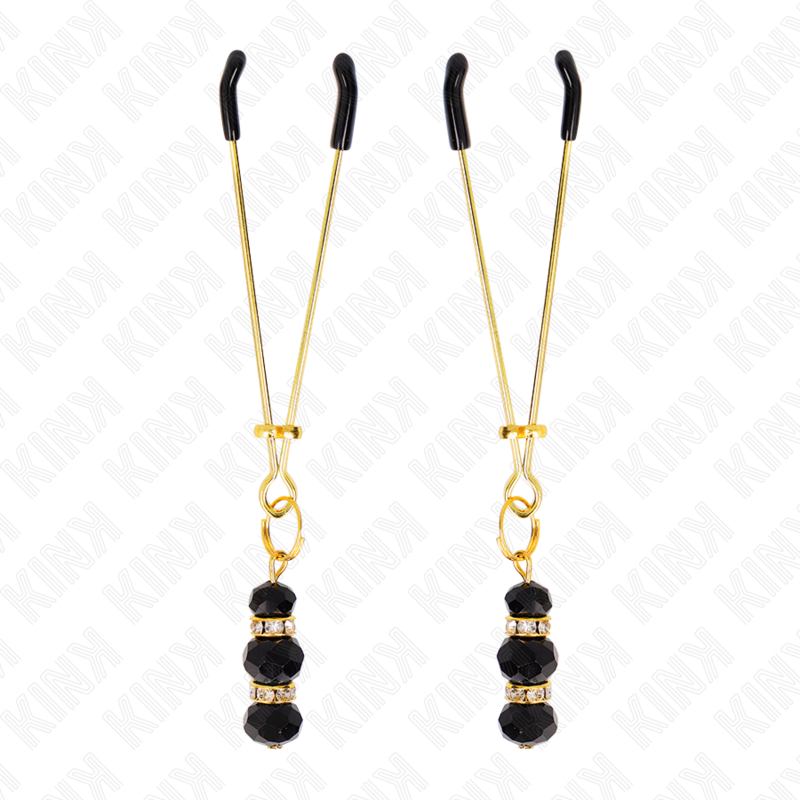 KINK - GOLD THIN NIPPLE CLAMPS WITH 3 BLACK GLASS BEADS 7CM