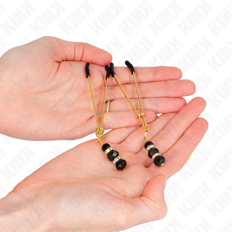 KINK - GOLD THIN NIPPLE CLAMPS WITH 3 BLACK GLASS BEADS 7CM