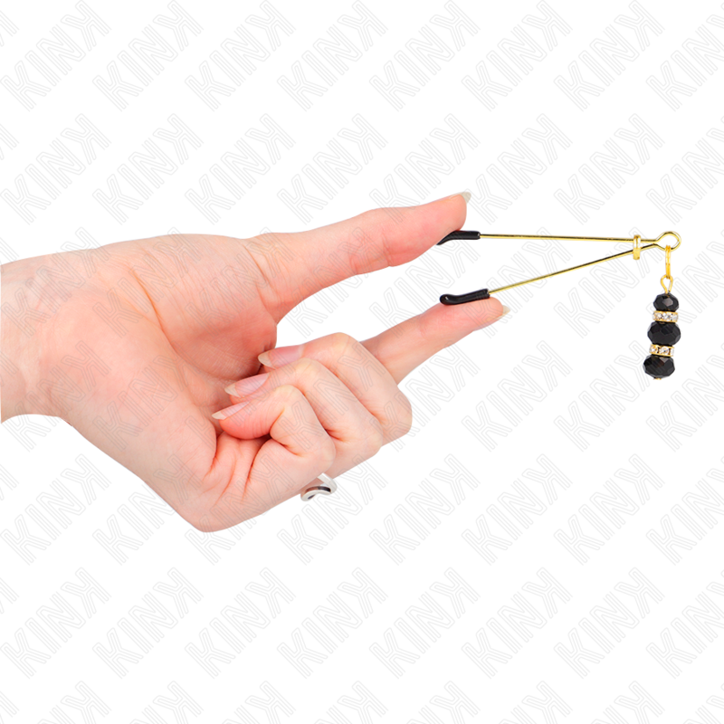 KINK - GOLD THIN NIPPLE CLAMPS WITH 3 BLACK GLASS BEADS 7CM