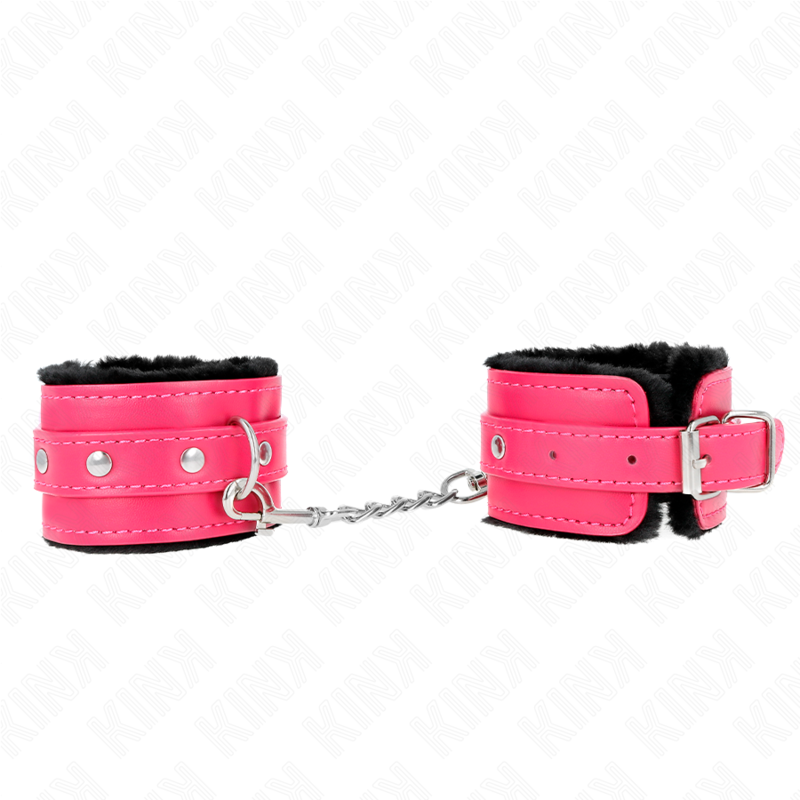 KINK - REPOSE-POIGNET DOUBLÉ DE FOURRURE NOIRE PREMIUM AVEC CEINTURE RÉGLABLE ROSE FRAMBOISE 17-29 CM X 6 CM