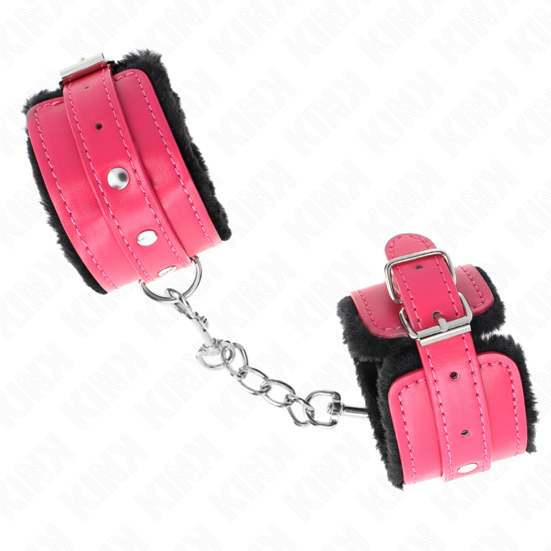 KINK - REPOSE-POIGNET DOUBLÉ DE FOURRURE NOIRE PREMIUM AVEC CEINTURE RÉGLABLE ROSE FRAMBOISE 17-29 CM X 6 CM