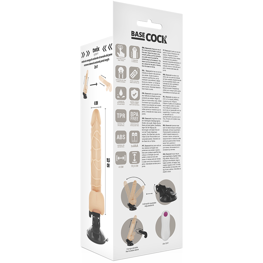 BASECOCK - VIBRATEUR RÉALISTE TÉLÉCOMMANDE NATUREL AVEC TESTICULES 19,5 CM -O- 4 CM