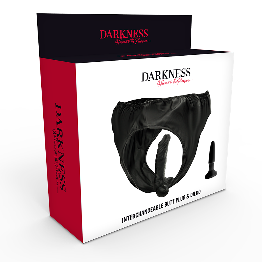 DARKNESS - SLIP AVEC BOUCHON ET GODE INTERCHANGEABLE